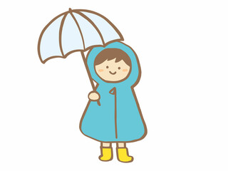 かわいいレインコートと男の子と傘とかっぱ／手描きイラスト