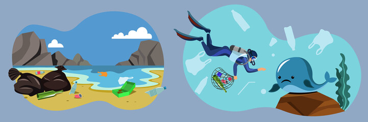 A set of illustrations on the theme of ocean pollution with plastic and other waste. Stop ocean pollution. Marine animals and waste. Diver cleans up debris underwater. Ecological problem of the ocean
