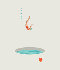 Contemporary art collage. Young girl in red swimming suit and cap diving into swimming suit. Leisure time