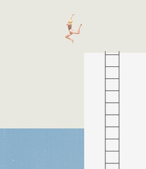 Contemporary art collage. Young girl diving from starting block into sea.