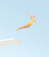 Contemporary art collage. Young girl in yellow swimming suit jumping from starting block, diving