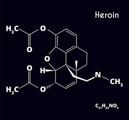 Recreational drugs. Heroin molecule isolated on black background. Vector illustration.
