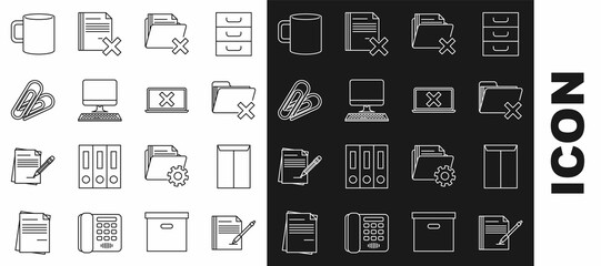 Set line Blank notebook and pen, Envelope, Delete folder, Computer monitor with keyboard, Paper clip, Coffee cup flat and Laptop cross mark screen icon. Vector