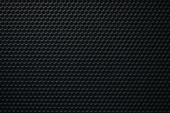 Safety Net On The Music Speaker. Protective Grid Audio Speakers. Close View Of Black Safety Net. Metal Perforated Mesh, Abstract Pattern, Abstract Black Background. Professional Audio Equipment