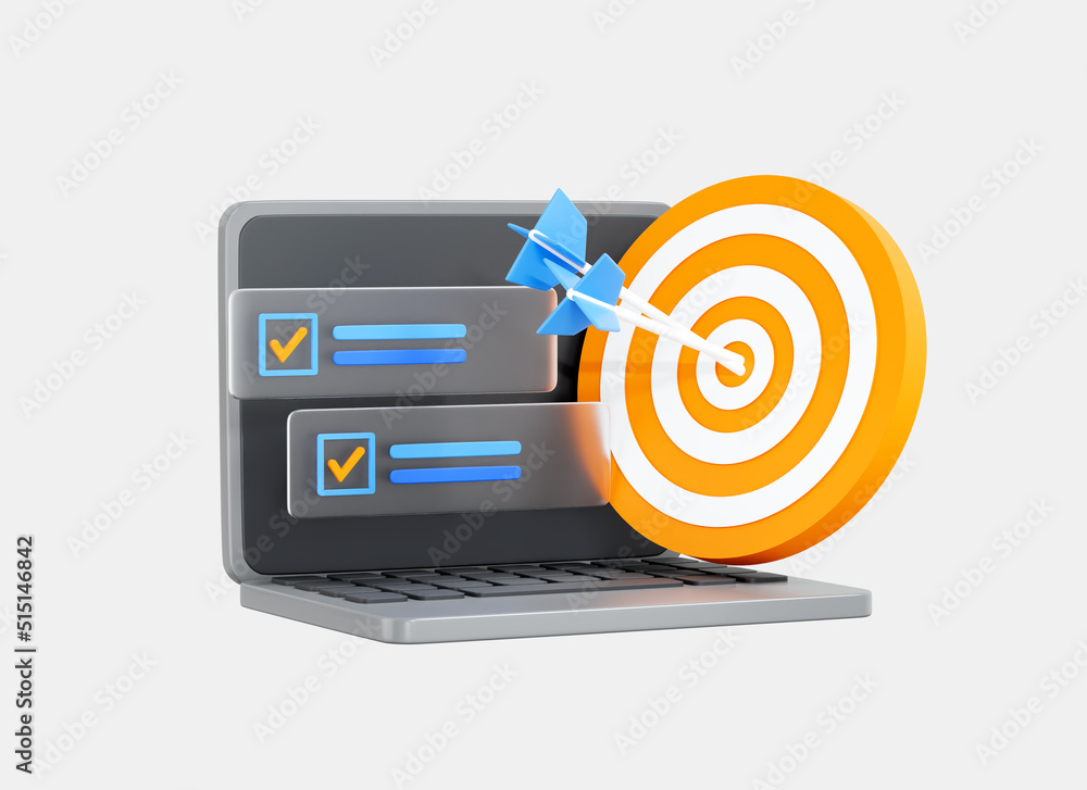 Poster 3d computer laptop with project task management and hitting the target. marketing time concept. busi
