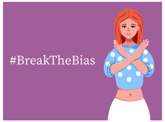 The girl crosses her hair and against all stereotypes. Gender equality. Break the Bias. Vector Stock illustration. isolated. Lilac background