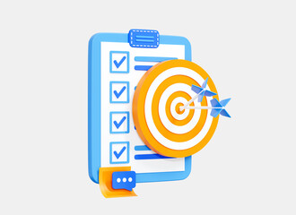 3D Project task management and hitting the target. SEO optimisation concept. Business marketing time. Clipboard with strategy plan. Creative design icon isolated on white background. 3D Rendering