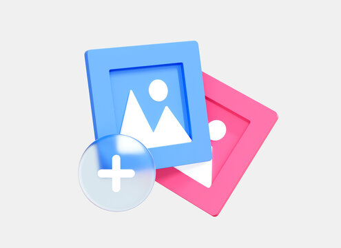 3D Add image in gallery. Picture with plus mark. Button to upload new photo. Mountains and sun landscape. Blue and pink file. Cartoon creative design icon isolated on white background. 3D Rendering