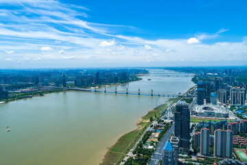 Aerial photography of urban landscape under blue sky and white clouds, Nanchang, Jiangxi