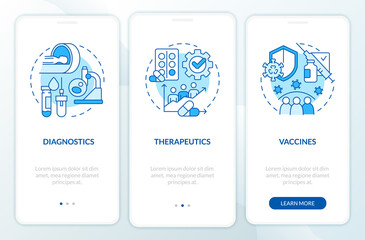 Pandemic preparedness clinical study blue onboarding mobile app screen. Walkthrough 3 step editable graphic instructions with linear concepts. UI, UX, GUI template. Myriad Pro-Bold, Regular fonts used