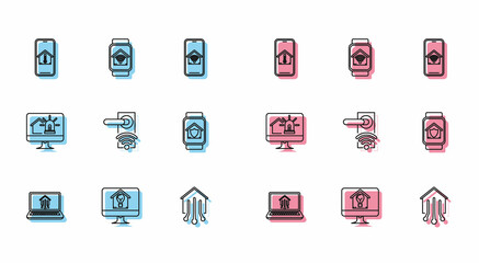 Set line Laptop with smart home, Mobile phone temperature, Smart, Digital door lock wireless technology for unlock, watch under protection, alarm and wi-fi icon. Vector