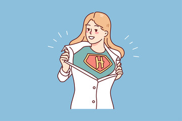 Smiling woman ripping shirt showing hero sign. Happy female demonstrate superhero abilities. Power and strength. Vector illustration. 