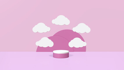 3d rendering pink background podium stage with minimal clouds in pastel color.
