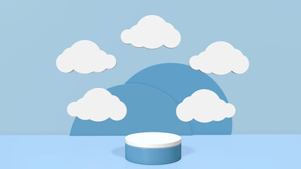 3d rendering blue background podium stage with minimal clouds in pastel color.