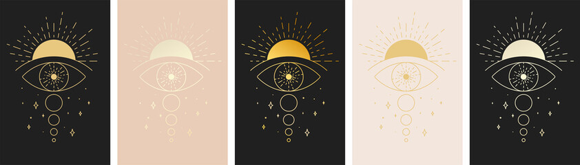 All seeing eye with sun and moon tattoo line icon set. Third eye symbol. Vector illustration