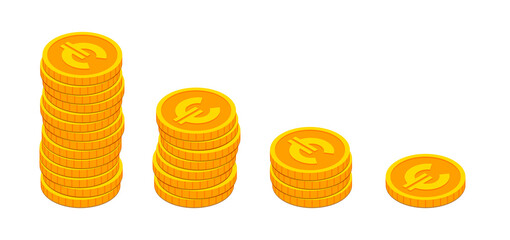 Vector Isometric euro gold coins stacks like decreasing graph. 3d Cash, banking, casino, Euro currency, business failure, economic downturn, financial crisis, falling money concept for web, apps