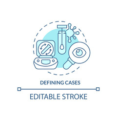Defining cases turquoise concept icon. Tracking infection. Disease monitoring abstract idea thin line illustration. Isolated outline drawing. Editable stroke. Arial, Myriad Pro-Bold fonts used