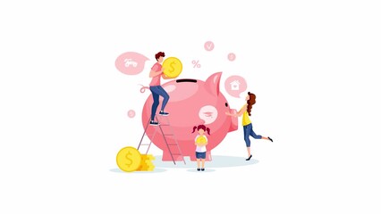 Large piggy bank, coins and young family. Money saving or accumulating, Financial services, Deposit concept. Animation video.