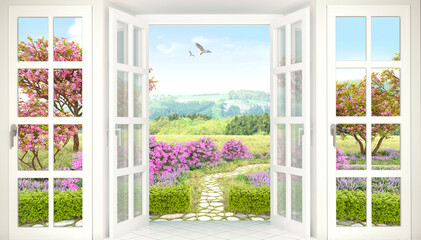 Fototapety  Wide French Window Blooming Garden View Wallpaper 3d rendering