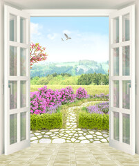 Fototapety  Open glass doors View of the blooming garden 3d rendering