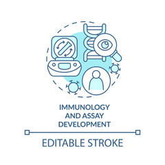 Immunology and assay development turquoise concept icon. Pandemic preclinical study abstract idea thin line illustration. Isolated outline drawing. Editable stroke. Arial, Myriad Pro-Bold fonts used