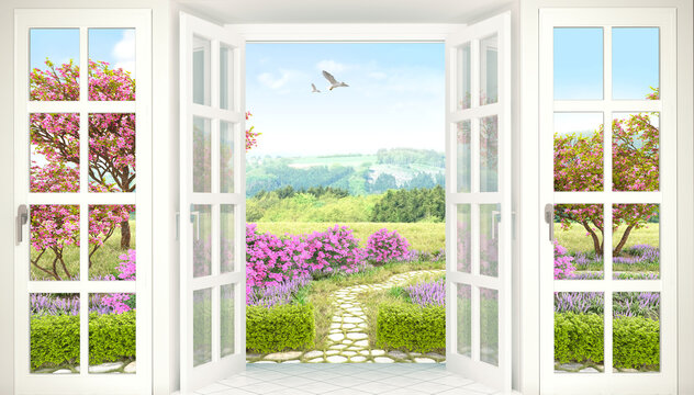 Fototapeta Wide French Window Blooming Garden View Wallpaper 3d rendering