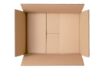 An open cardboard box. View from above. Isolated on a white background.