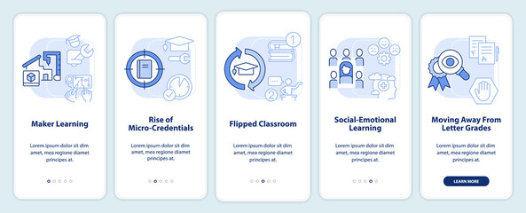 Trends in education light blue onboarding mobile app screen. Learning walkthrough 5 steps editable graphic instructions with linear concepts. UI, UX, GUI template. Myriad Pro-Bold, Regular fonts used