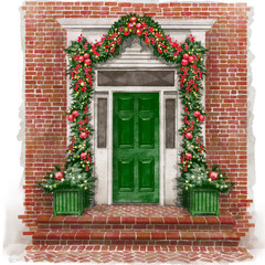 Fototapeta na wymiar Christmas card with the front door of the house, decorated with pine branches, wreaths with balls, ribbons and a garland. Watercolor illustration, new year poster, old house
