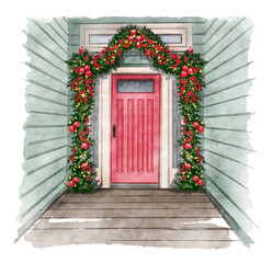 Christmas card with the front door of the house, decorated with pine branches, wreaths with balls, ribbons and a garland. Watercolor illustration, new year poster, old house