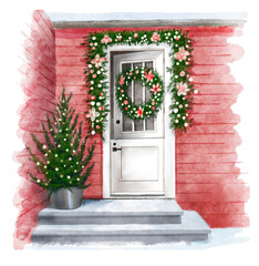 Christmas card with the front door of the house, decorated with pine branches, wreaths with balls, ribbons and a garland. Watercolor illustration, new year poster, old house