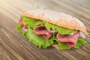 Tasty fast food snack in flatbread on the desk