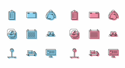 Set line Scale, Post truck, Verification of delivery list clipboard, Computer monitor with app tracking, Calendar, Railway carriage, Pizza cardboard box and Envelope icon. Vector