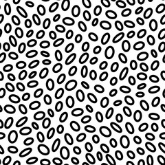 Seamless neutral oval pattern. Black hand-drawn rings isolated on white background. Doodle dots cozy ornament. Vector illustrations with circles for wallpaper, posters, wrapping paper, textile, fabric