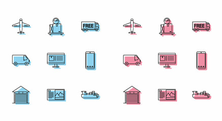 Set line Closed warehouse, Postcard, Plane, Cargo ship with boxes delivery service, Computer monitor app tracking, Mobile phone, Delivery cargo truck vehicle and Scale cardboard icon. Vector