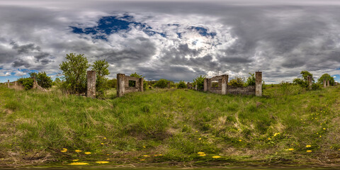 abandoned ruined decaying hangar barn overgrown with grass without roof in full seamless spherical hdri 360 panorama view in equirectangular projection, ready for VR virtual reality content
