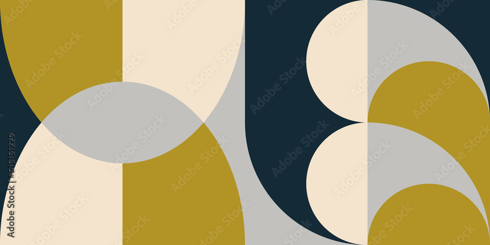 Poster Geometric abstract vector background with circles, rectangles and squares in retro Bauhaus style. Pastel colored simple shapes graphic pattern.