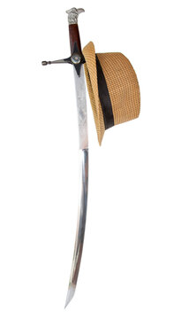 Cossack saber with a straw hat on an isolated black white background