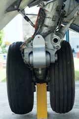 Close-up view of wheel well or landing gear of an old aircraft.