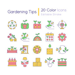 Gardening tips RGB color icons set. Growing plants. Farming and agriculture. Isolated vector illustrations. Simple filled line drawings collection. Editable stroke. Quicksand-Light font used