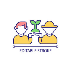 Garden partners RGB color icon. Farmers collaboration. Agriculture partnership. Horticultural practice. Isolated vector illustration. Simple filled line drawing. Editable stroke. Arial font used