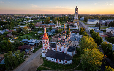 Obraz premium Aerial views of Russian Golden Ring town Suzdal on a sunrise (aerial drone photo). Suzdal, Russia