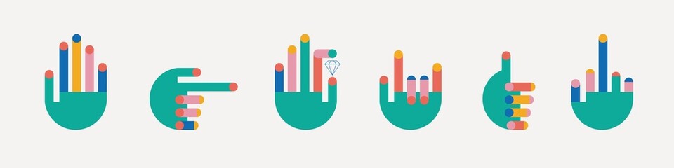 Abstract colorful Hands. Different positions, various gestures. Geometric minimal design. Modern colored Vector illustration. All elements are isolated. Logo, poster, print, design templates