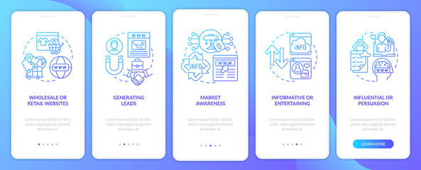 Website content types blue gradient onboarding mobile app screen. Walkthrough 5 steps graphic instructions with linear concepts. UI, UX, GUI template. Myriad Pro-Bold, Regular fonts used