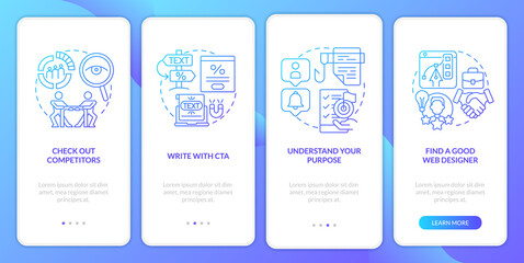 Best tips for designing website blue gradient onboarding mobile app screen. Walkthrough 4 steps graphic instructions with linear concepts. UI, UX, GUI template. Myriad Pro-Bold, Regular fonts used