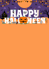 Happy Halloween vector banner illustration. Pumpkin house with costume kids ( poster size template )