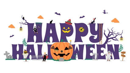 Happy Halloween vector illustration. Pumpkin house with costume kids.