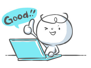 青いノートバソコンの前で気持ちのいいGOODサインを出す白い人