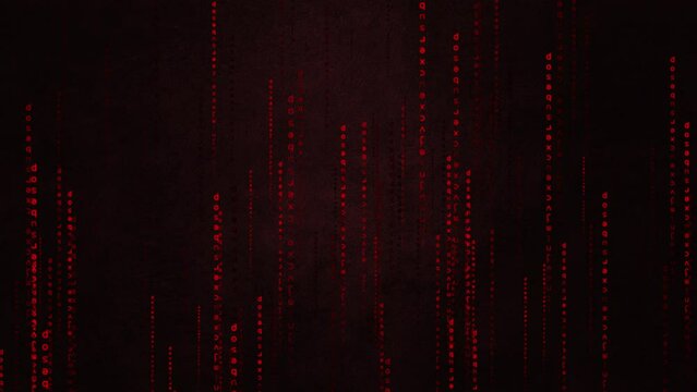3D digital binary red code processing on dark red screen background. Technology data binary code Concept. Digital technology backdrop 4k animation