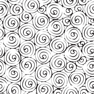 Abstract seamless pattern with spiral black doodles on a light backdrop. Repeating vector background, monochrome graphic print for fabric, wrapping paper or wallpaper. Cute squiggle freehand texture